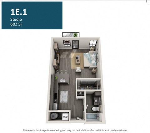 Floor plan for studio, 1 bath, 603 sqft